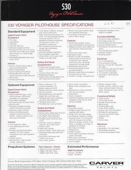 Carver 530 Voyager Pilothouse Specification Brochure