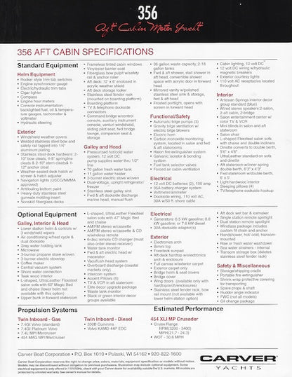 Carver 356 Aft Cabin Specification Brochure