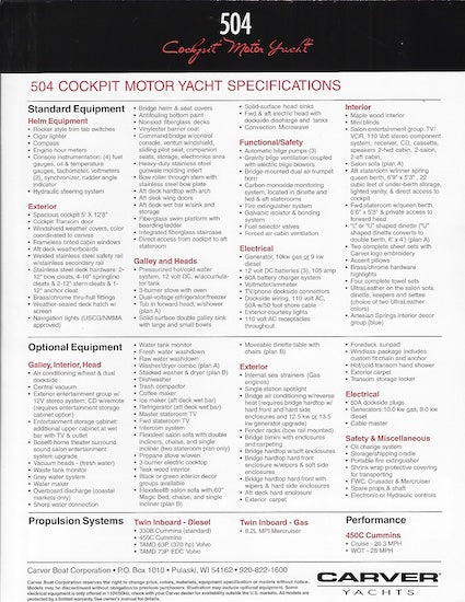 Carver 504 Cockpit Motoryacht Specification Brochure