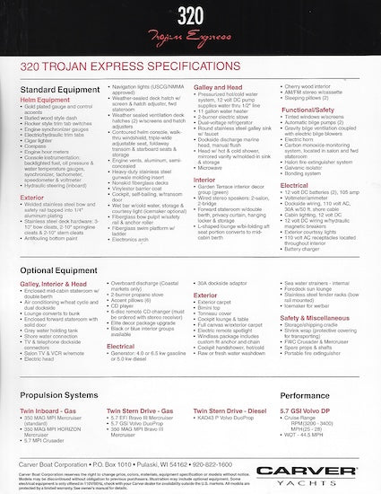 Trojan 320 Express Specification Brochure (1999)