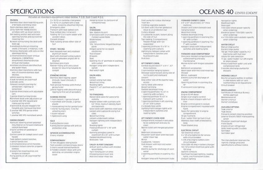 Beneteau 40 Center Cockpit Specification Brochure