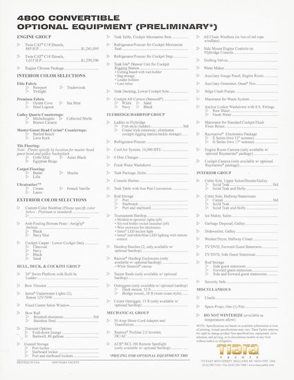 Tiara 4800 Convertible Specification Brochure