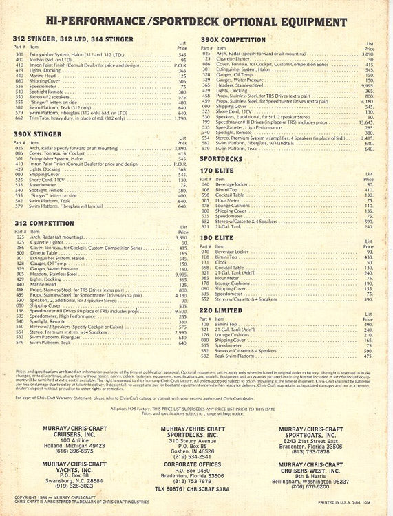 Chris Craft 1985 Sport Boat Price List
