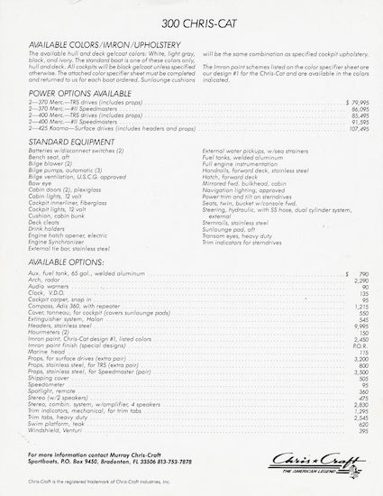 Chris Craft Cat 30 Specification Brochure