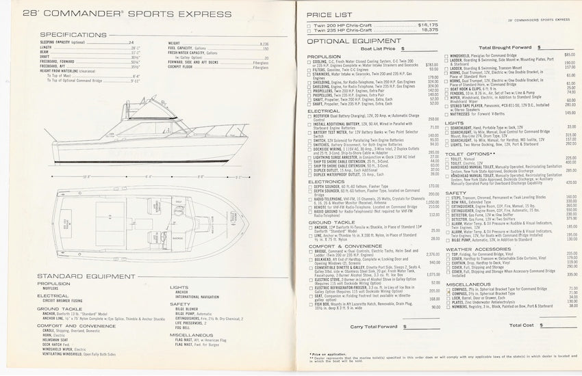 Chris Craft 1972 Commander Price List Brochure