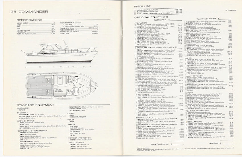 Chris Craft 1972 Commander Price List Brochure