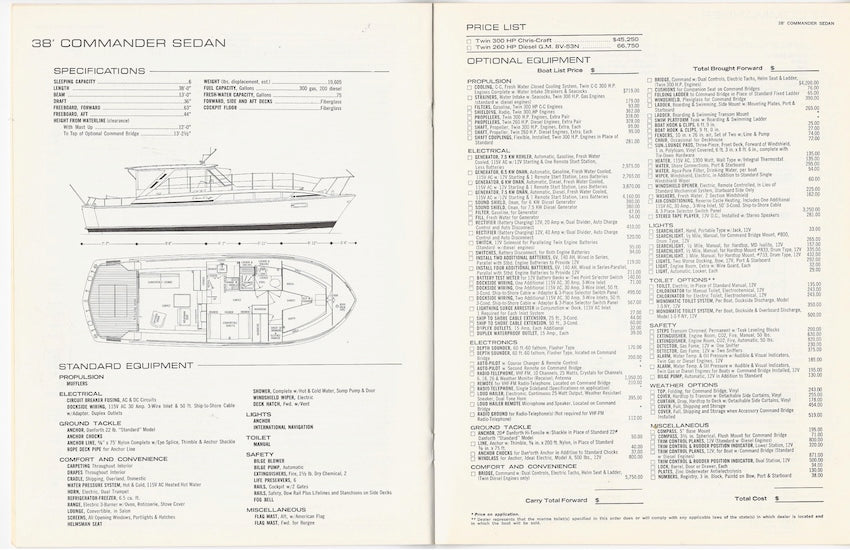Chris Craft 1972 Commander Price List Brochure