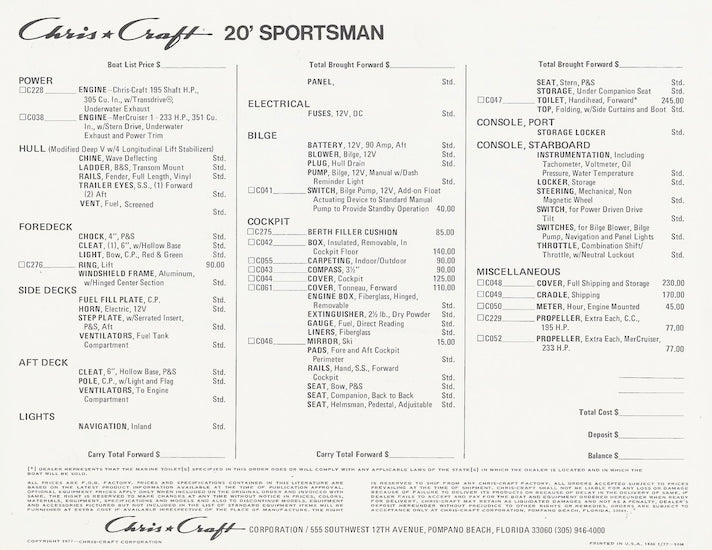 Chris Craft Sportsman 20 Specification Brochure