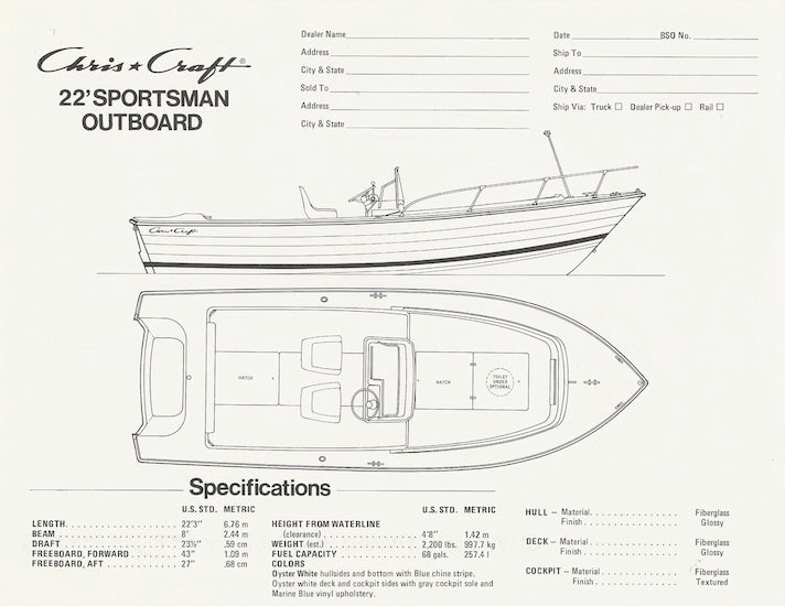 Chris Craft Sportsman 22 Outboard Specification Brochure