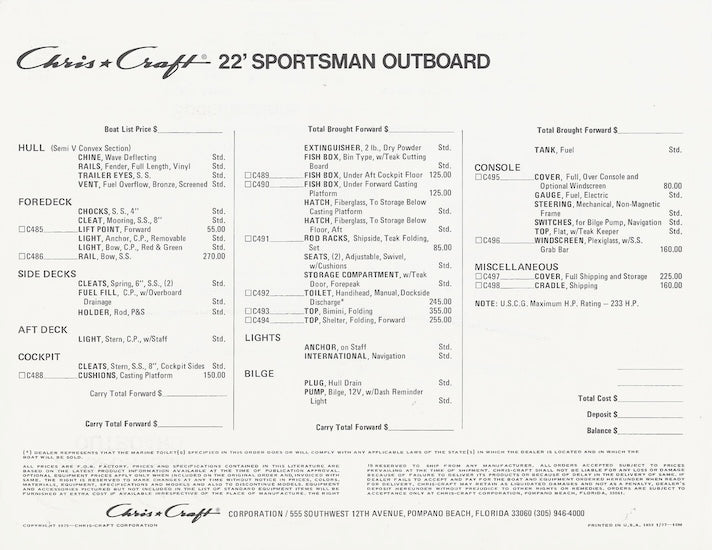 Chris Craft Sportsman 22 Outboard Specification Brochure