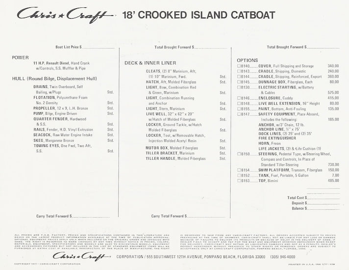 Chris Craft Crooked Island Catboat 18 Specification Brochure