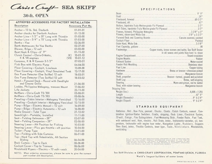 Chris Craft Sea Skiff 30 Open Specification Brochure