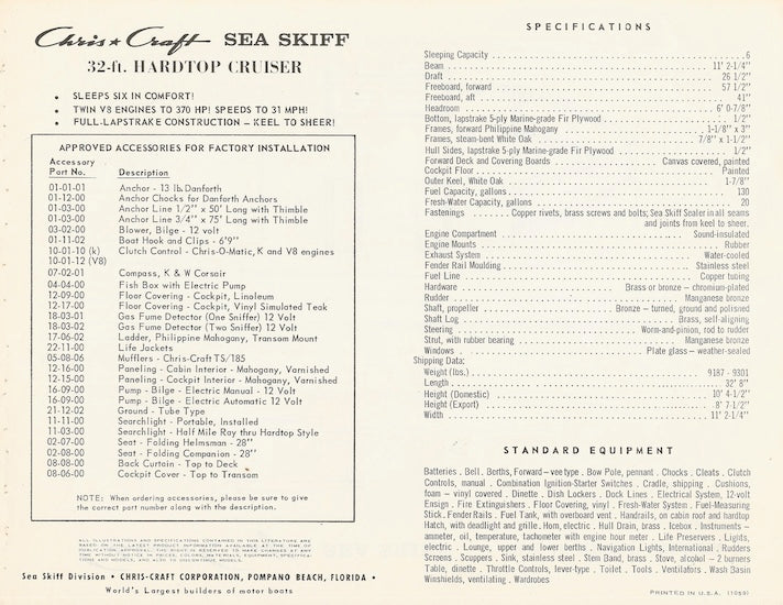 Chris Craft Sea Skiff 32 Hardtop Cruiser Specification Brochure