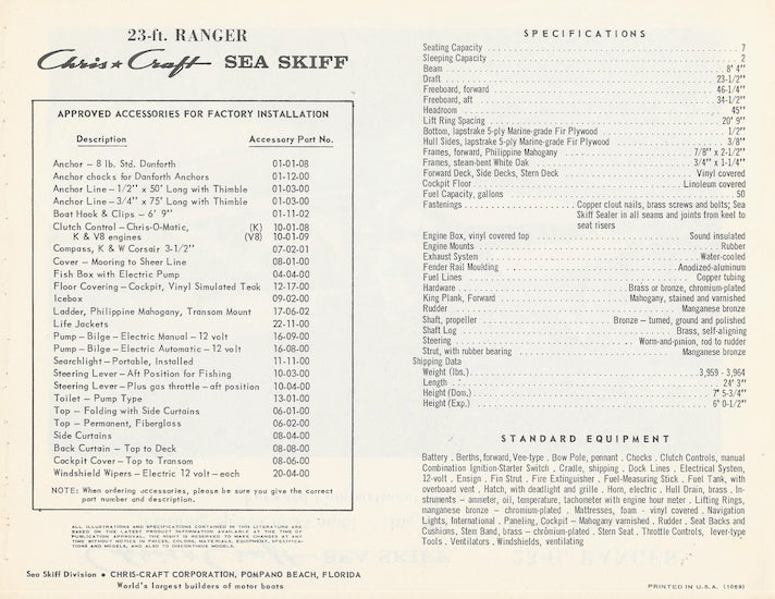 Chris Craft Sea Skiff Ranger 23 Specification Brochure