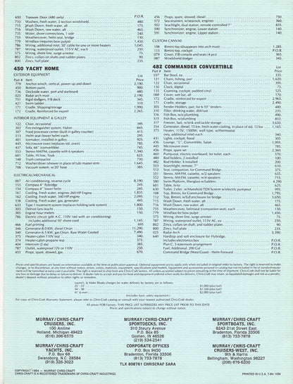 Chris Craft 1985 Cruisers Price List