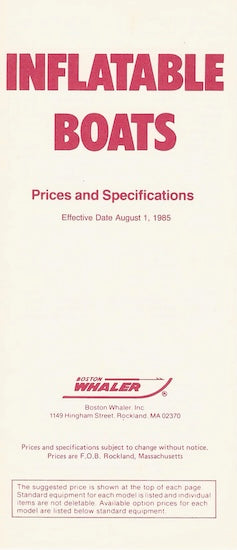 Boston Whaler 1986 Inflatables Specification & Price List Brochure