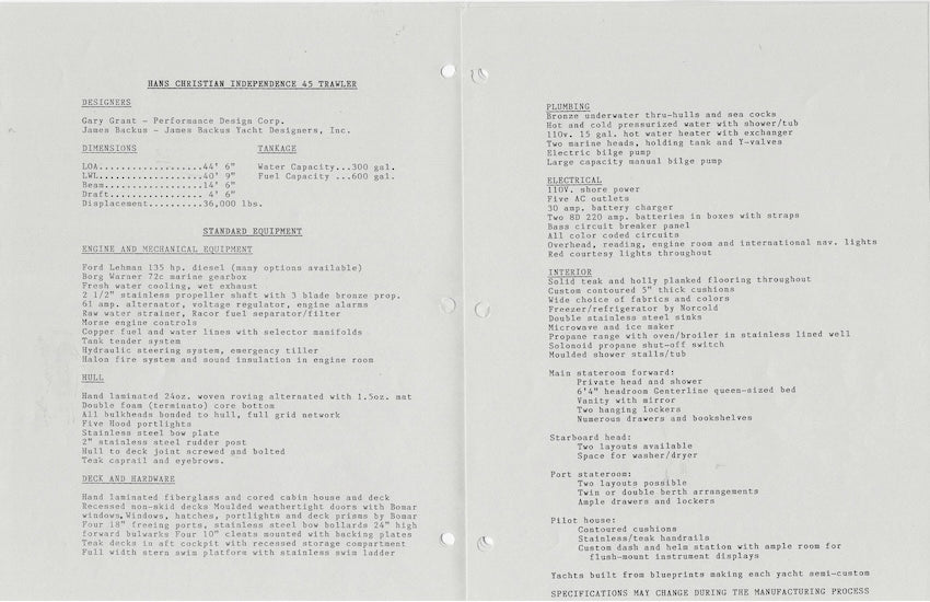 Hans Christian Independence 45 Specification Brochure