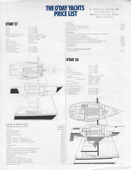 O'Day 1978 Cruisers Price List Brochure