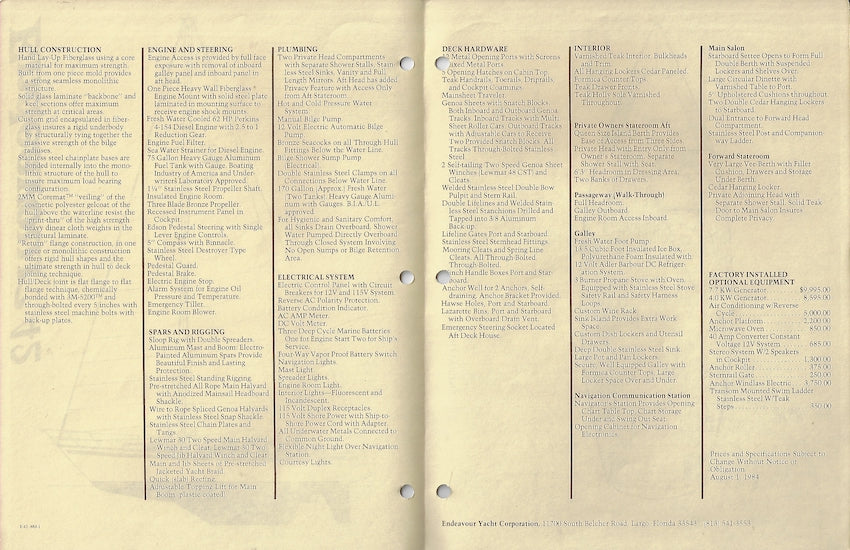 Endeavour 42 Center Cockpit Specification Brochure