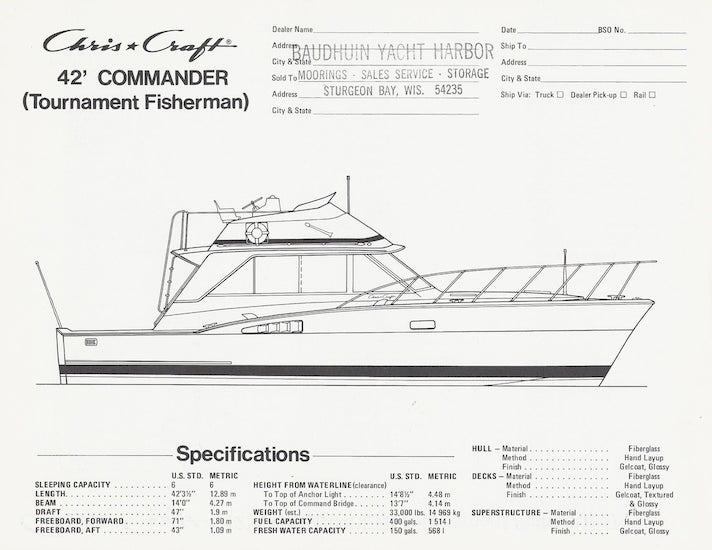 Chris Craft Commander 42 Tournament Fisherman Specification Brochure