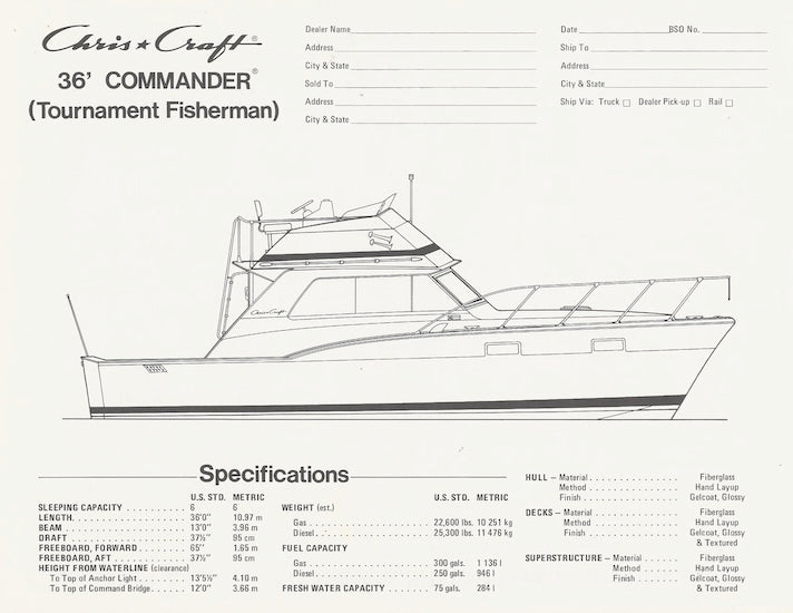 Chris Craft Commander 36 Tournament Fisherman Specification Brochure