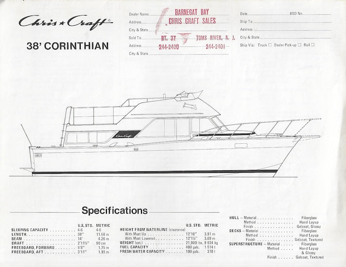 Chris Craft Corinthian 38 Specification Brochure
