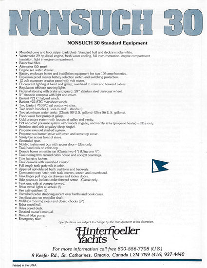 Hinterhoeller Nonsuch 30 Specification Brochure