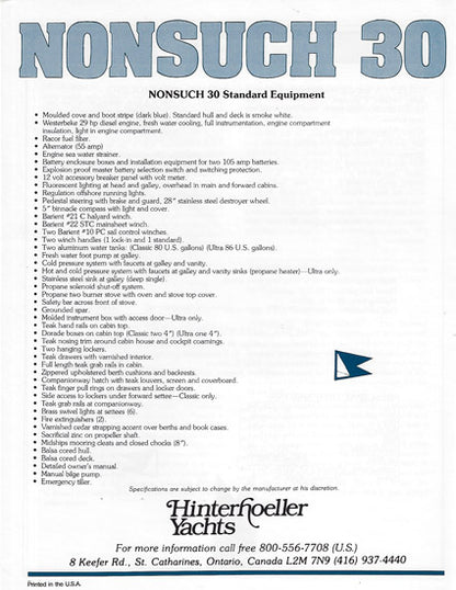 Hinterhoeller Nonsuch 30 Specification Brochure