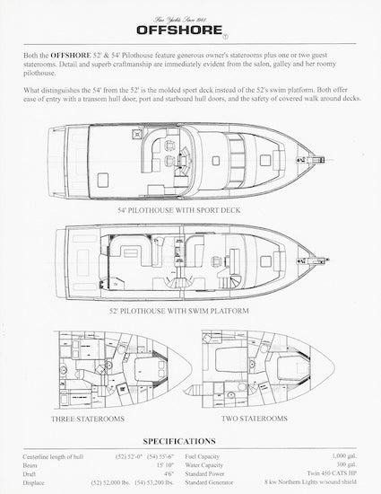 Offshore 52/54 Pilothouse Motoryacht Specification Brochure