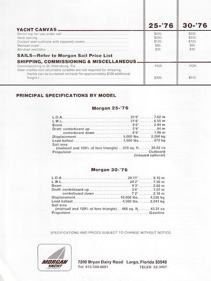 Morgan 25 & 30 Price List