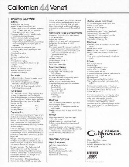 Carver Californian 44 Veneti Specification Brochure