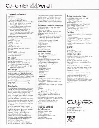 Carver Californian 44 Veneti Specification Brochure