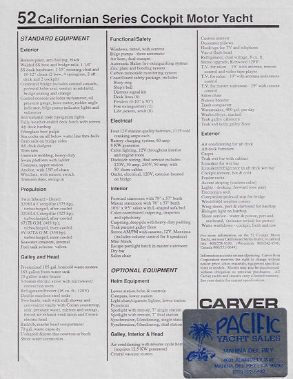 Carver Californian 52 Cockpit Motor Yacht Specification Brochure