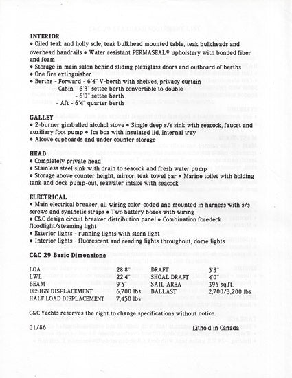 C&C 29 Specification Brochure