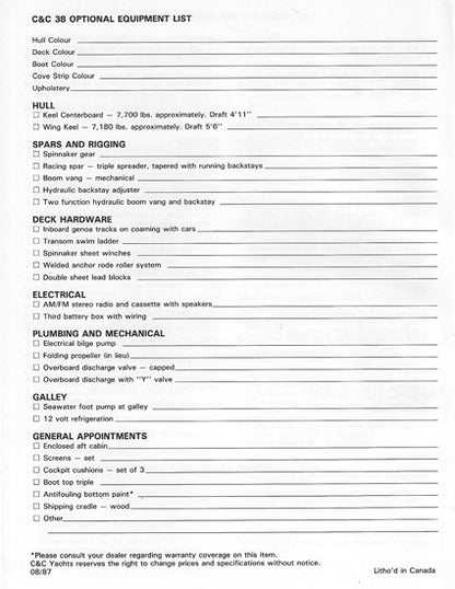 C&C 38 Specification Brochure