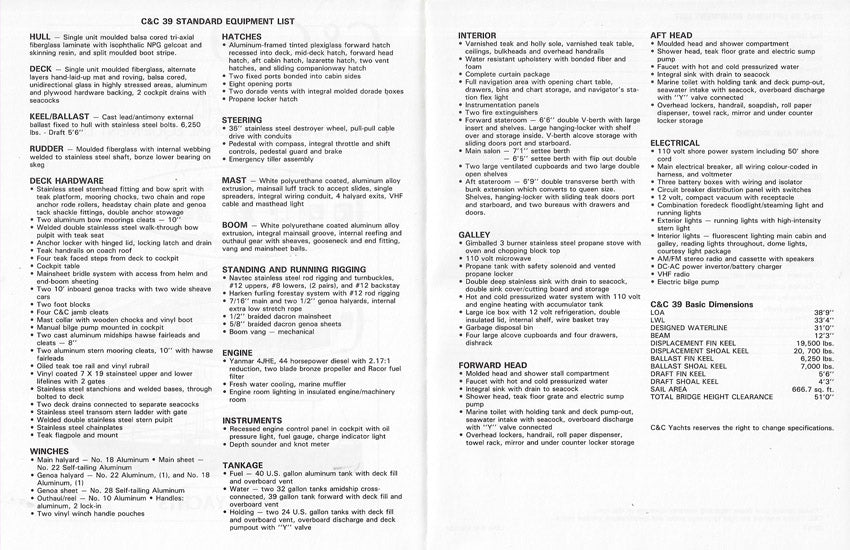C&C Landfall 39 Specification Brochure