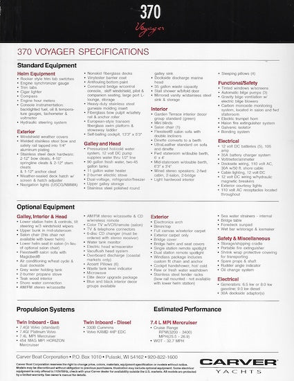 Carver 370 Voyager Specification Brochure