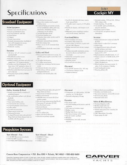 Carver 400 Cockpit Motor Yacht Specification Brochure