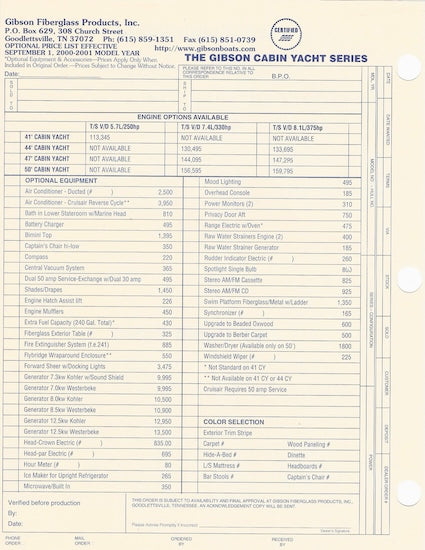 Gibson Cabin Yacht Series Specification Brochure