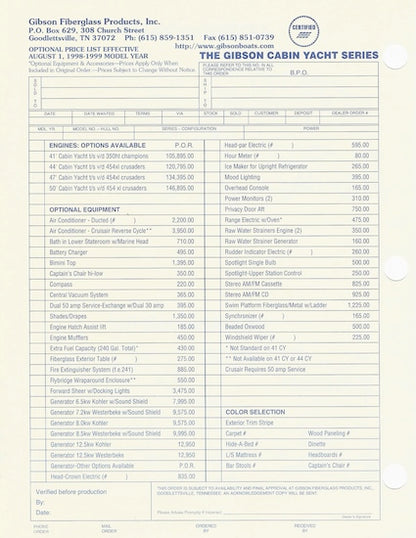 Gibson Cabin Yacht Series Specification Brochure