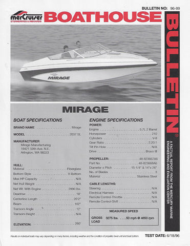Mirage 2037SL 5.7L 2 Barrel Engine Test Specifications