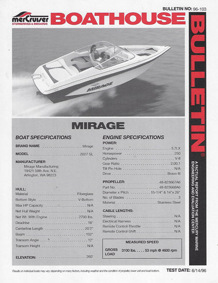 Mirage 2027SL Engine Test Specifications