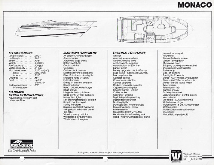 Wellcraft Monaco Specification Brochure
