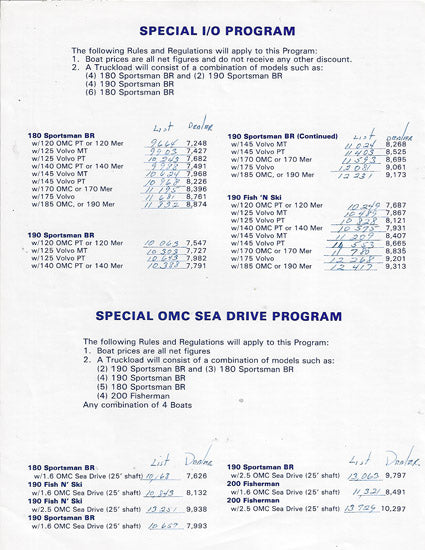 Sport Craft 1984 / 1985 Dealer Price List