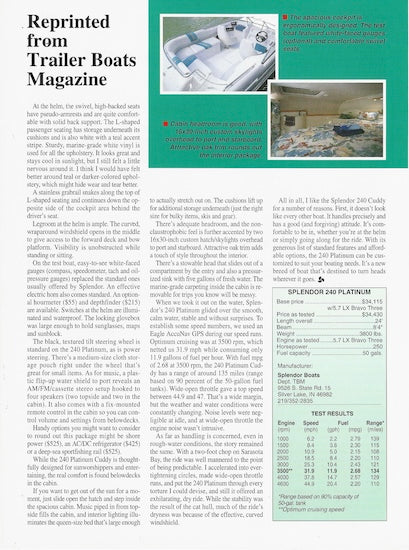 Splendor Platinum 240 Trailer Boats Magazine Reprint Brochure