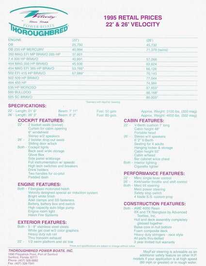 Thoroughbred Velocity 22 Powerboat Magazine  Reprint Brochure