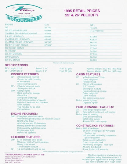 Thoroughbred Velocity 22 Powerboat Magazine  Reprint Brochure