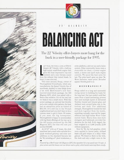 Thoroughbred Velocity 22 Powerboat Magazine  Reprint Brochure