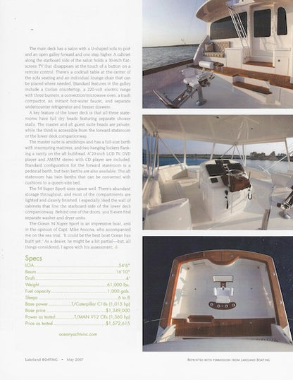 Ocean 54 Super Sport Lakeland Boating Magazine Reprint Brochure