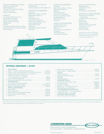 Ocean 44 Motor Yacht Specification Brochure